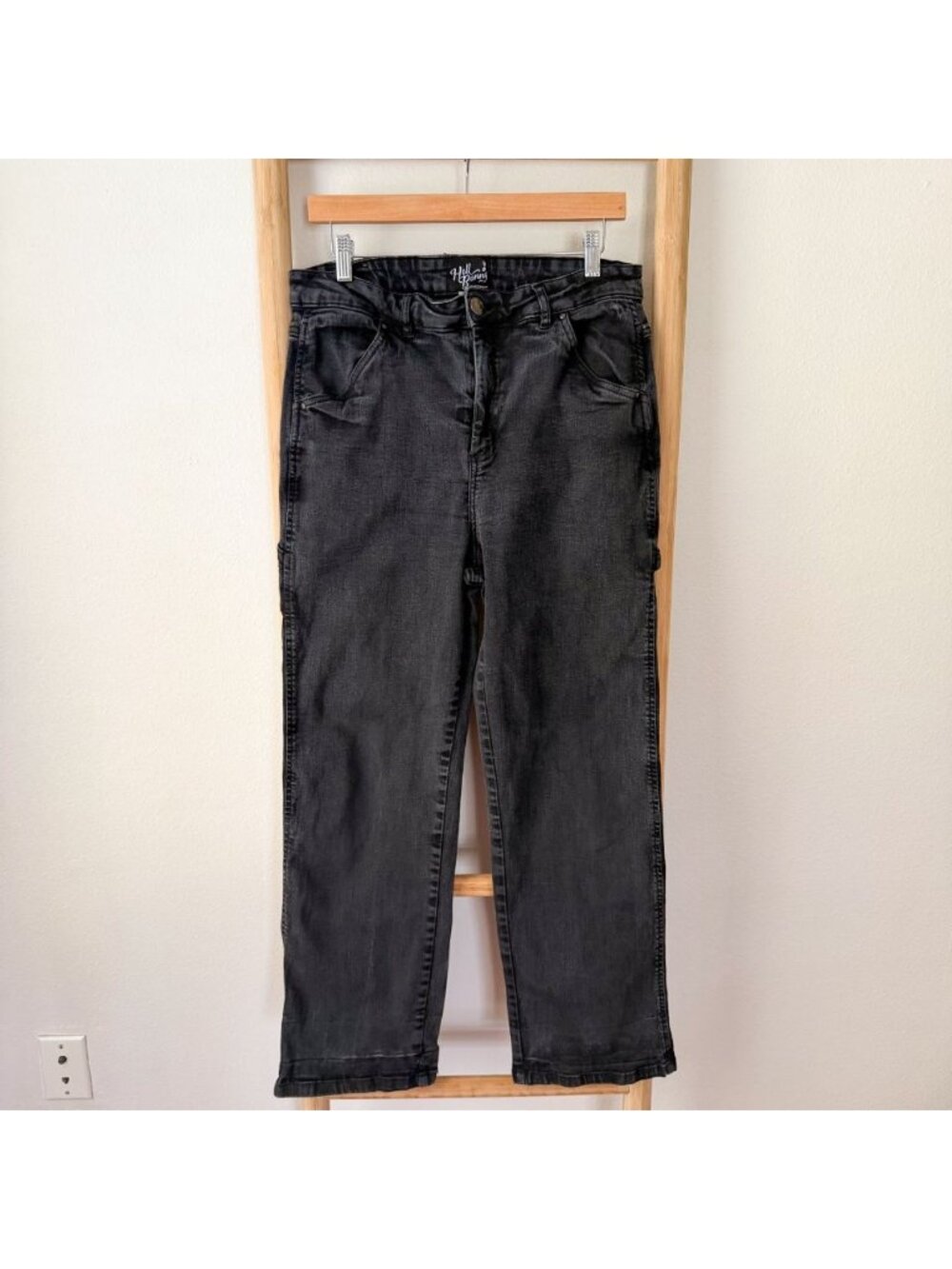 Hell Bunny Black Washed Carpenter Jeans Wide Leg Goth Grunge XL 34” - Picture 1 of 7